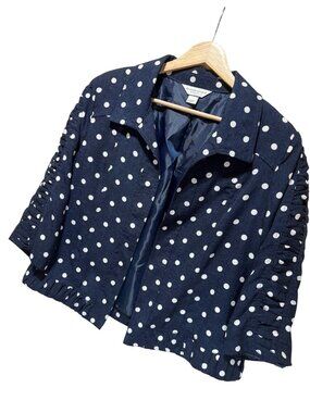 Christopher & Banks Petite Polka Dot Navy Blue Jacket With Ruched Sleeves
